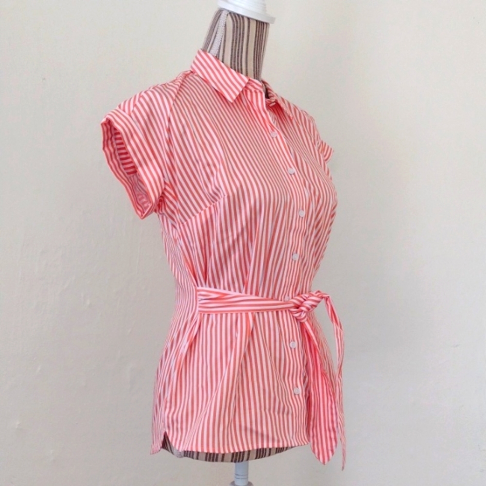 Talbots Petite Orange Tie Waist Button Front Striped Shirt Size P NEW